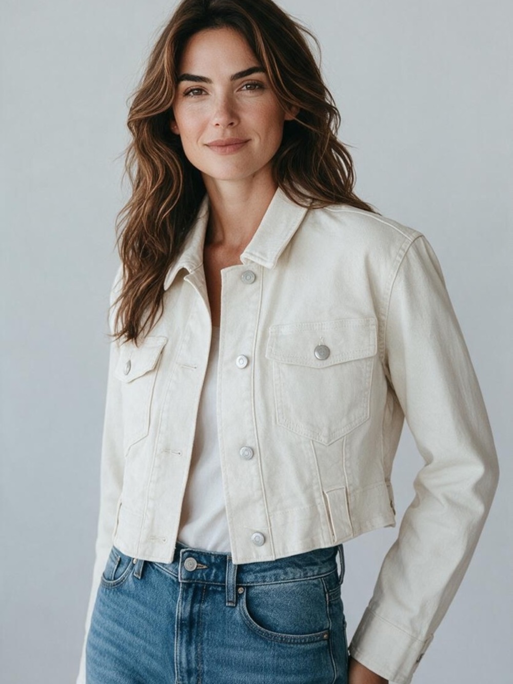 Halston Heritage Cream Cropped Denim Jacket